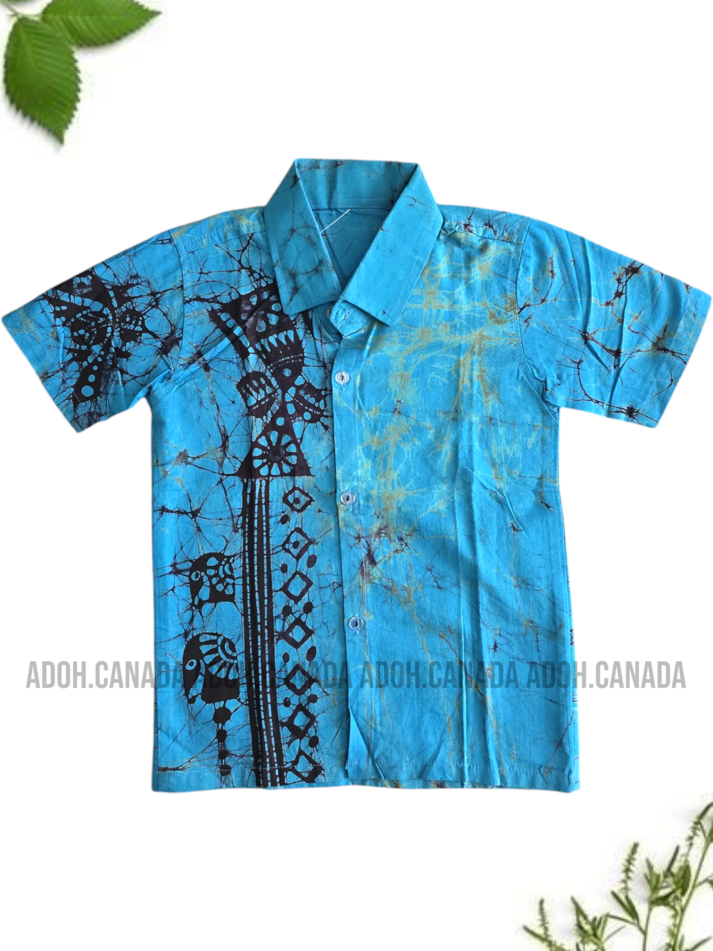 KSH0183 - Blue with black elephant designed Batik Shirt | Ceylon Batik | Hand Made | Kids Collection | Kid's Shirt |Cotton Shirt | Summer Wear
