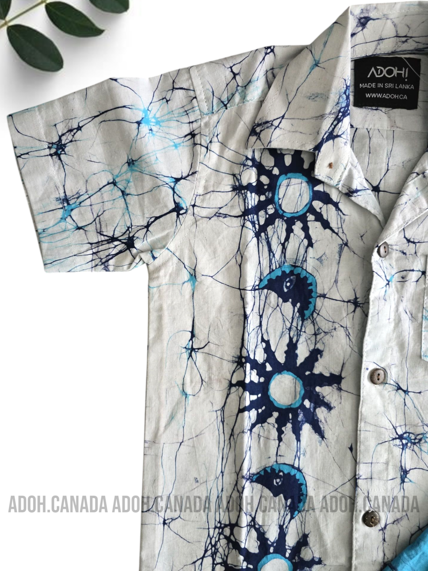 KSH0895 - White and blue Sun moon designed Batik Shirt | Ceylon Batik | Hand Made | Kids Collection | Kid's Shirt |Cotton Shirt | Summer Wear