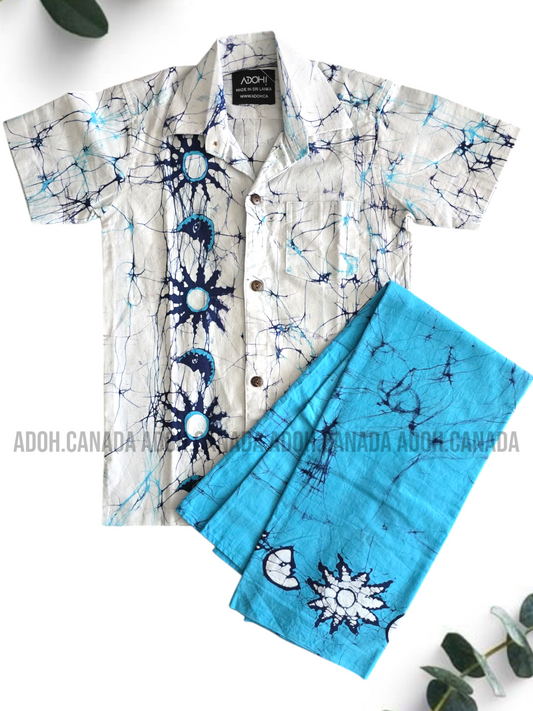 KSH0895 - White and blue Sun moon designed Batik Shirt | Ceylon Batik | Hand Made | Kids Collection | Kid's Shirt |Cotton Shirt | Summer Wear