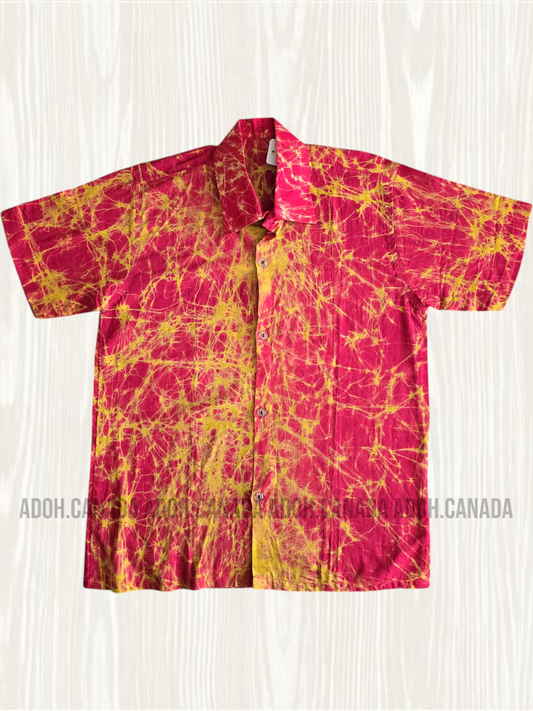 KSH1117 - Pink with yellow crack designed Batik Shirt | Ceylon Batik | Hand Made | Men's Collection |Cotton Shirt | Summer Wear