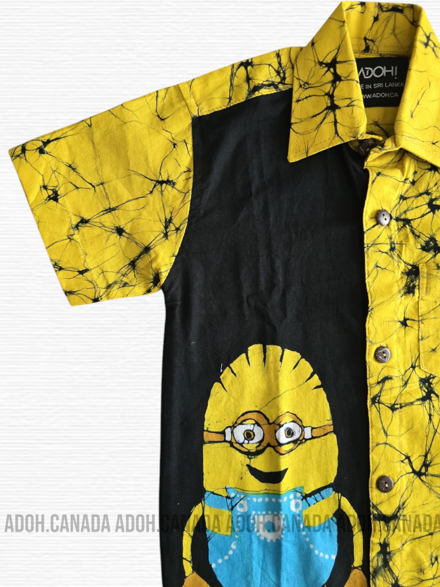 KSH1162 - Yellow and Black Minions designed Batik Shirt | Ceylon Batik | Hand Made | Kids Collection | Kid's Shirt |Cotton Shirt | Summer Wear
