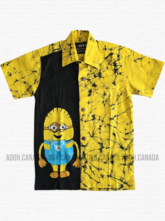 KSH1162 - Yellow and Black Minions designed Batik Shirt | Ceylon Batik | Hand Made | Kids Collection | Kid's Shirt |Cotton Shirt | Summer Wear