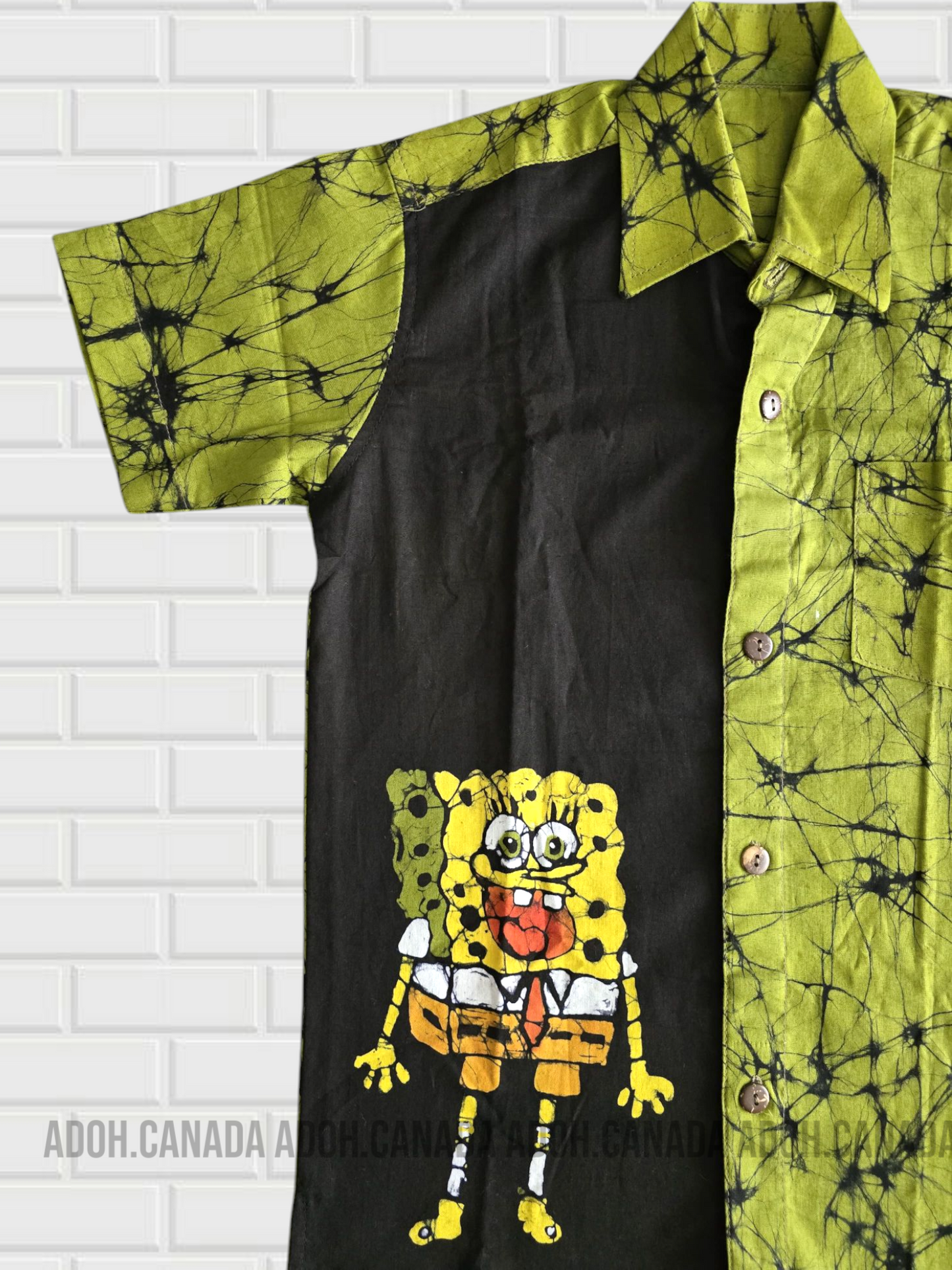 KSH1163 - Green and Black SpongeBob designed Batik Shirt | Ceylon Batik | Hand Made | Kids Collection | Kid's Shirt |Cotton Shirt | Summer Wear