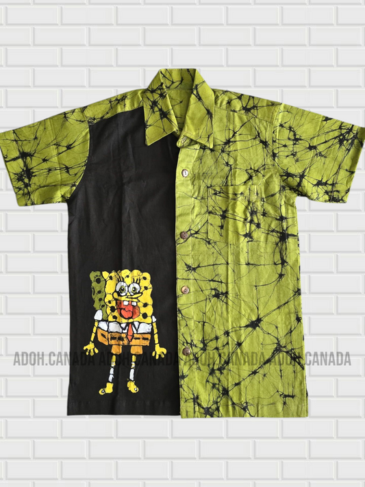 KSH1163 - Green and Black SpongeBob designed Batik Shirt | Ceylon Batik | Hand Made | Kids Collection | Kid's Shirt |Cotton Shirt | Summer Wear