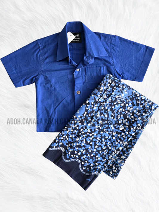 KSA0284 & KSH1101- Blue Cotton Shirt & Sarong| Ceylon Batik | Hand Made | Kids Collection | Kid's Shirt |Cotton Shirt and Sarong| Summer Wear | Cultural