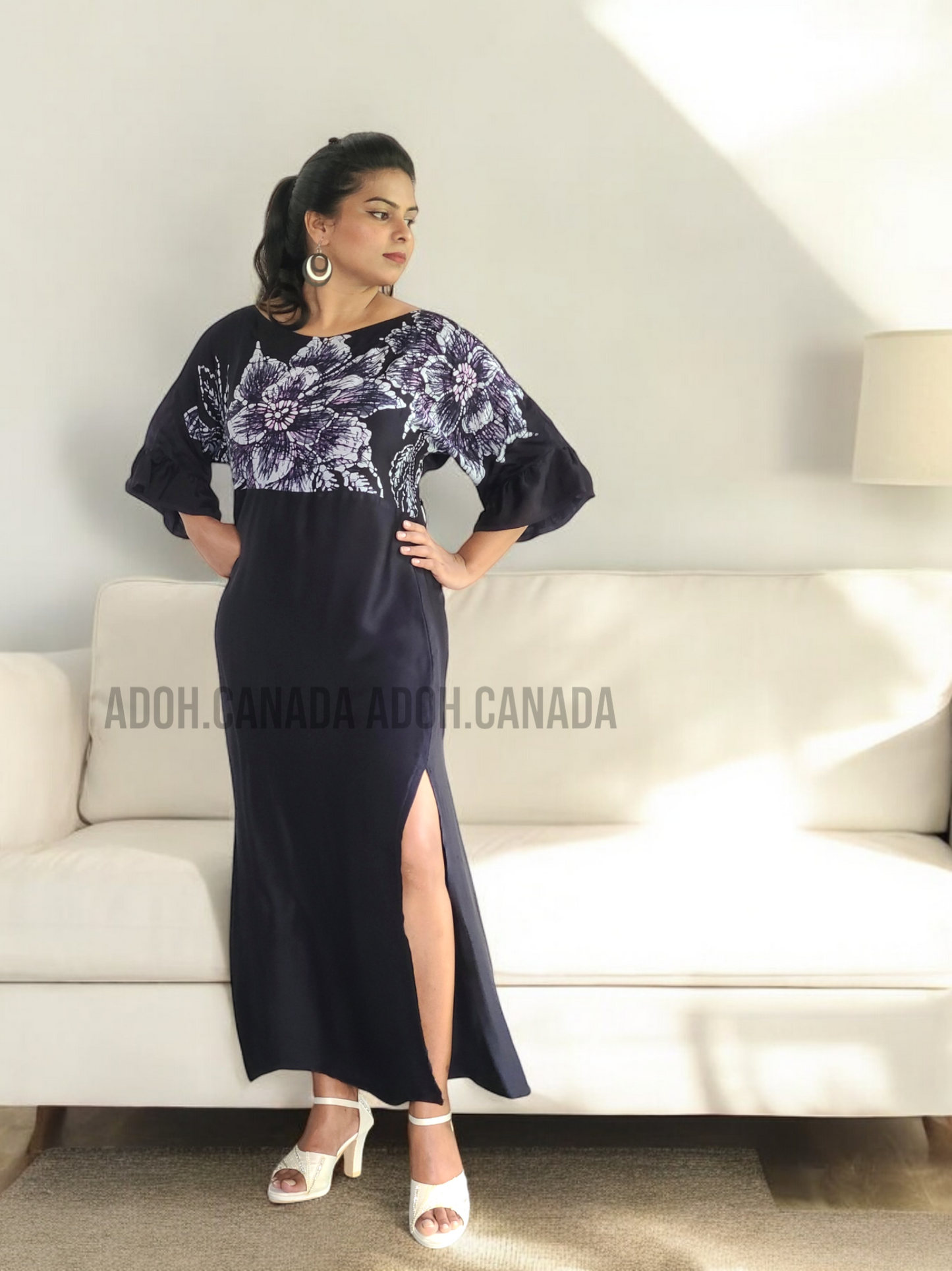 EC1201 - Black Silk Batik Dress with White Floral design | Ceylon Batik | Hand Made | Silk Dress |Exclusive Collection| Party Wear