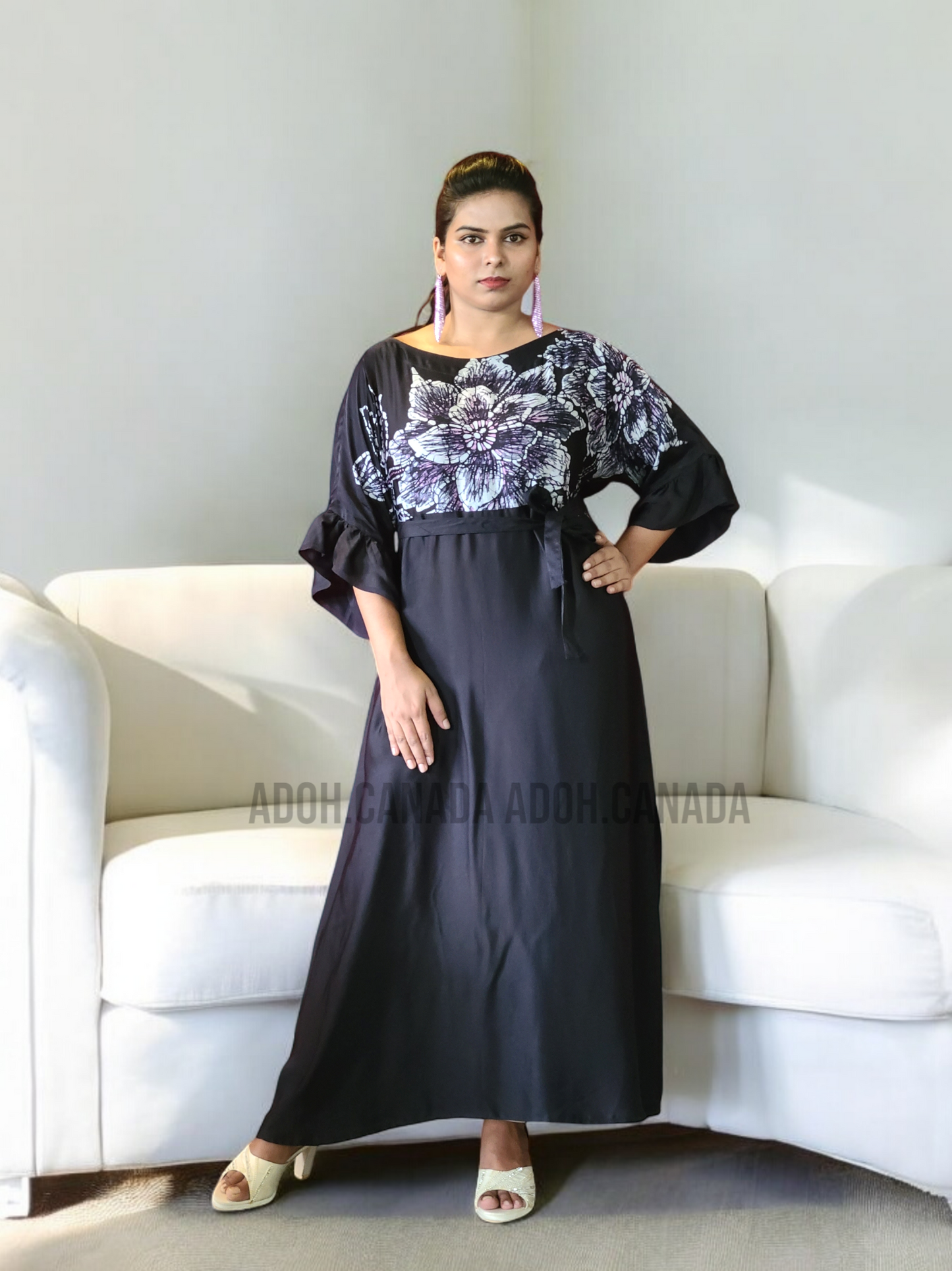 EC1201 - Black Silk Batik Dress with White Floral design | Ceylon Batik | Hand Made | Silk Dress |Exclusive Collection| Party Wear