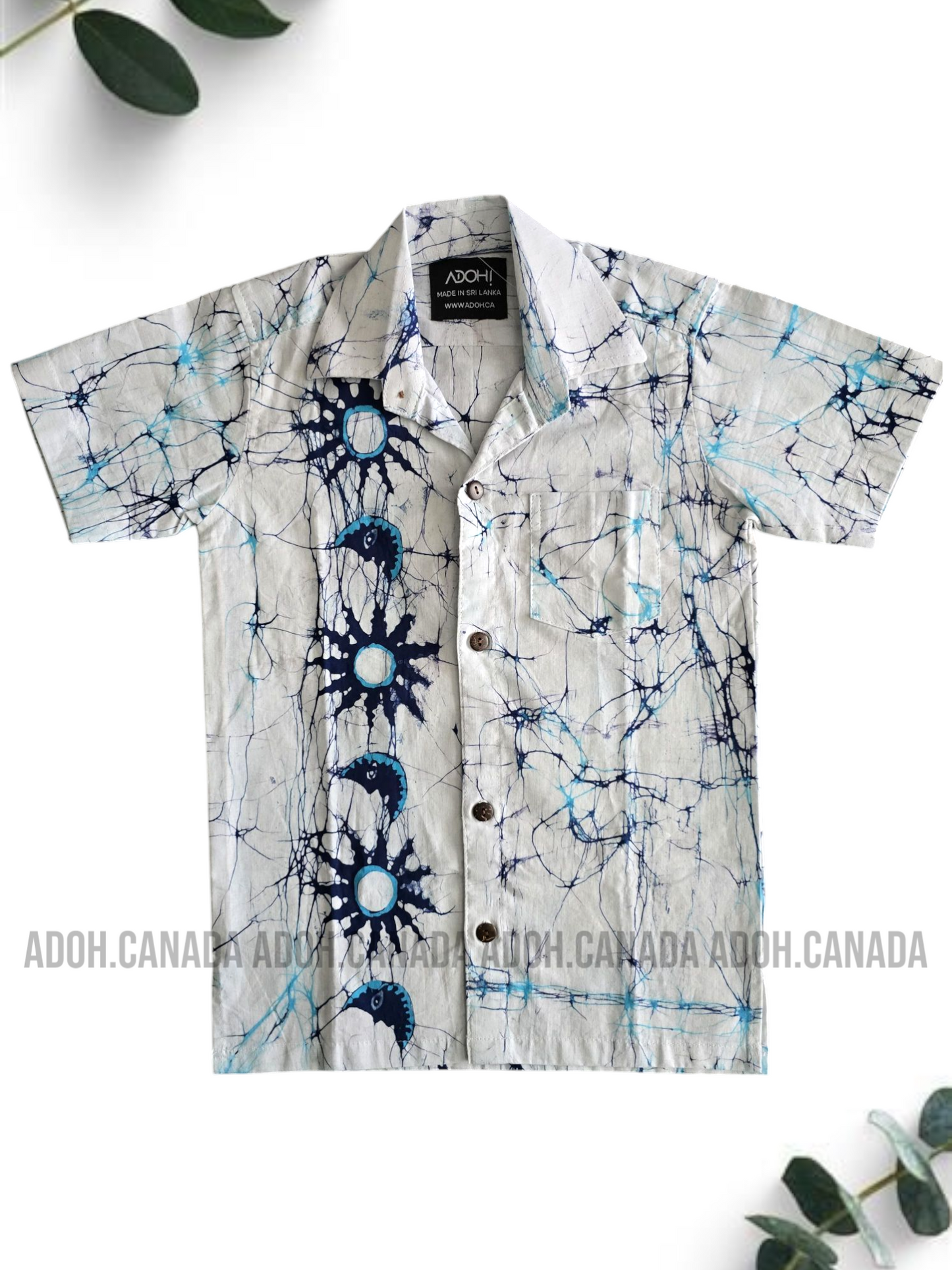 KSH0895 - White and blue Sun moon designed Batik Shirt | Ceylon Batik | Hand Made | Kids Collection | Kid's Shirt |Cotton Shirt | Summer Wear