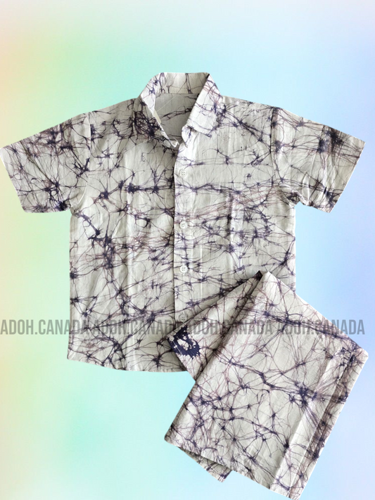 KSH0392/3 - White with grey cracks designed Batik Shirt & Sarong | Ceylon Batik | Hand Made | Kids Collection | Kid's Shirt |Cotton Shirt | Summer Wear