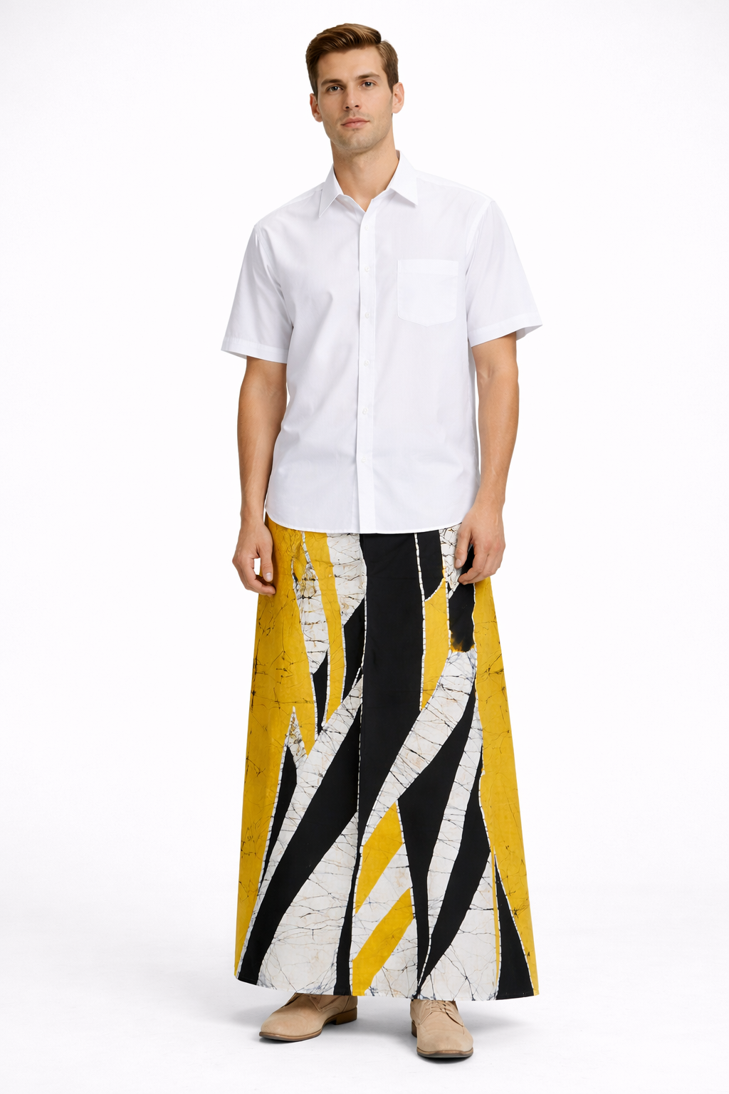 CSA1489 - Yellow sarong with black and white design| Ceylon Batik | Hand Made | Men's Collection | Cotton Sarong| Summer Wear | Party Wear