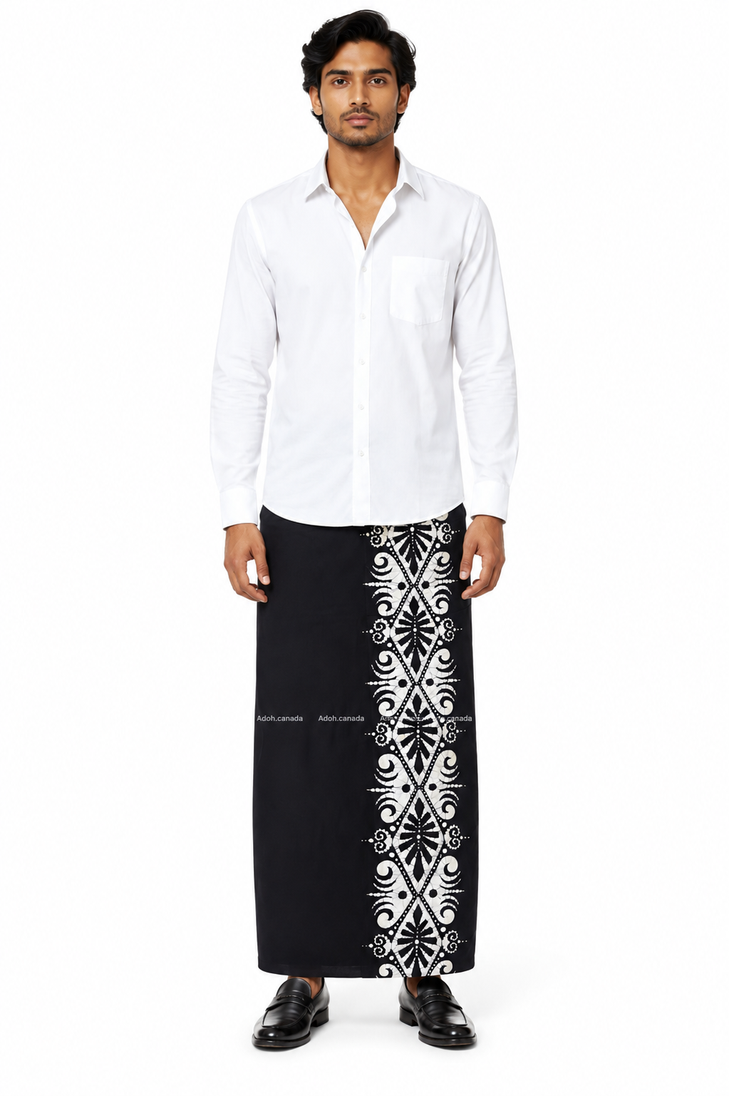 CSA1717 - Black sarong with white batik design| Ceylon Batik | Hand Made | Men's Collection | Cotton Sarong| Summer Wear | Party Wear