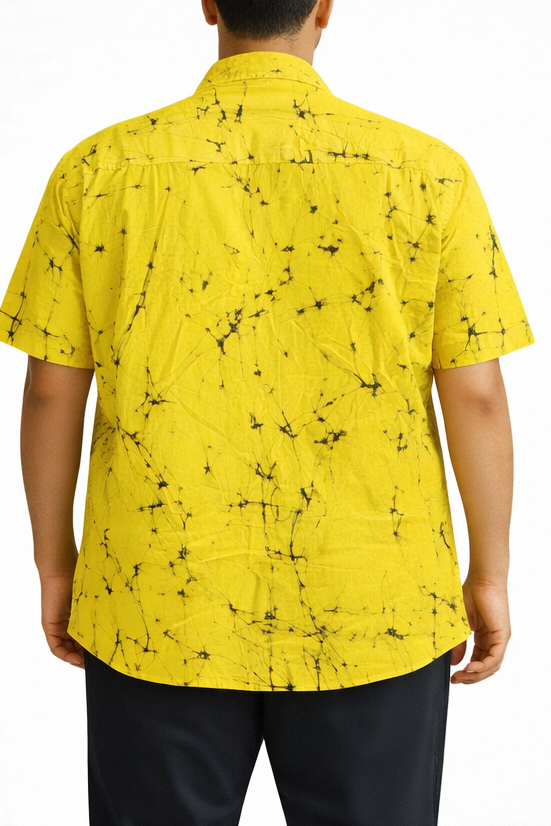SH1466 -Yellow shirt with Black instrument designed Batik Shirt | Ceylon Batik | Hand Made | Men's Collection | Cotton Shirt | Summer Wear