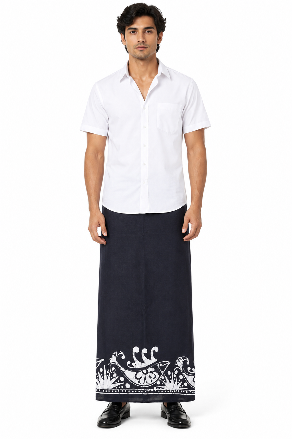 CSA1712 - Black sarong with white border design| Ceylon Batik | Hand Made | Men's Collection | Cotton Sarong| Summer Wear | Party Wear