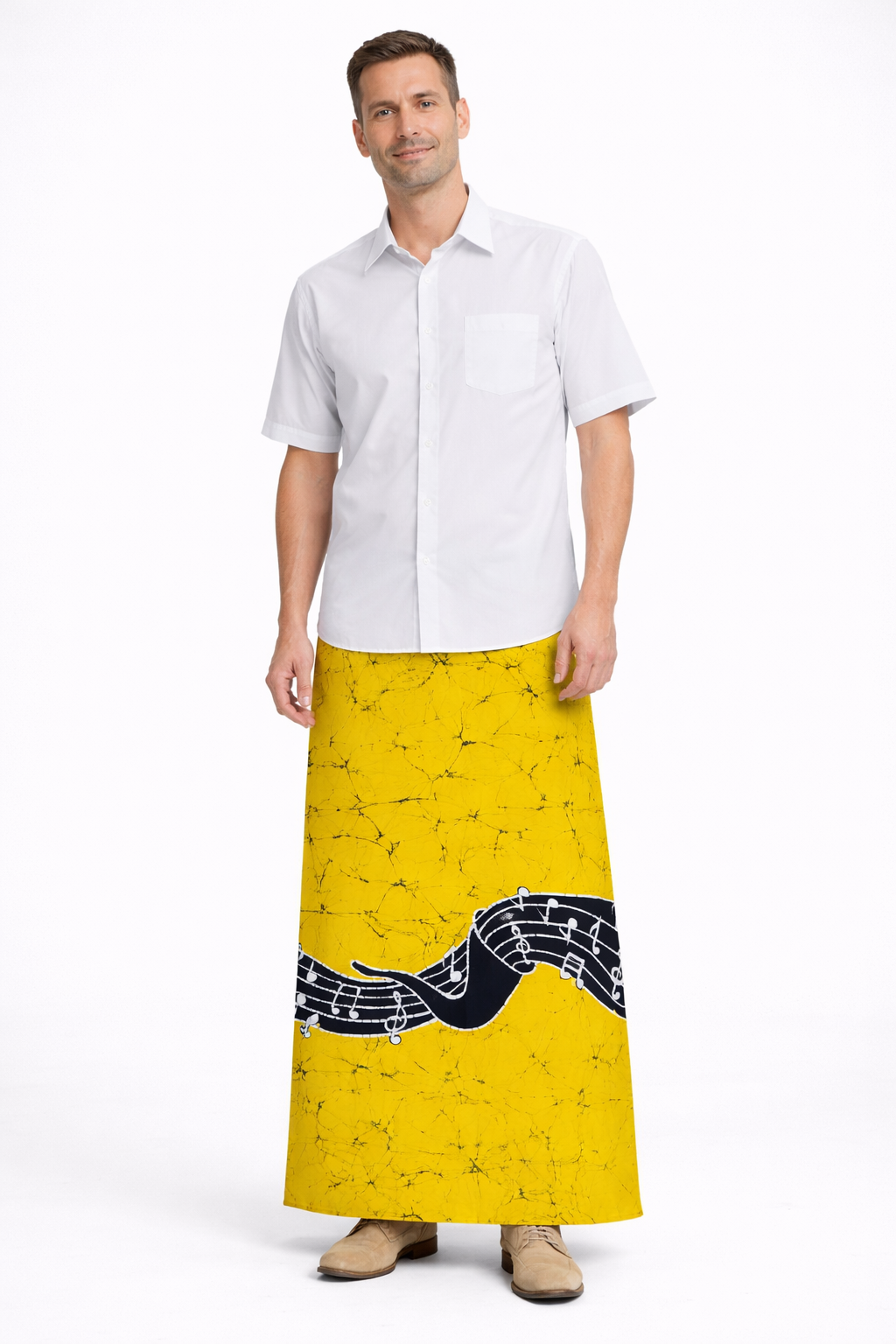 CSA1475 - Yellow sarong with black musical instrument design| Ceylon Batik | Hand Made | Men's Collection | Cotton Sarong| Summer Wear | Party Wear