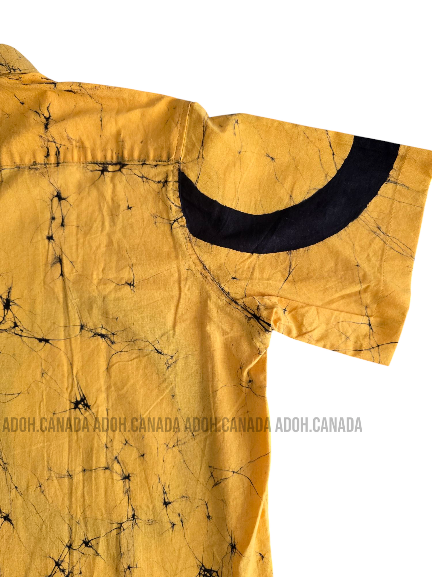 SH905 - Yellow Batik shirt with Black circle design | Ceylon Batik | Hand Made | Men's Collection | Cotton Shirt | Summer Wear