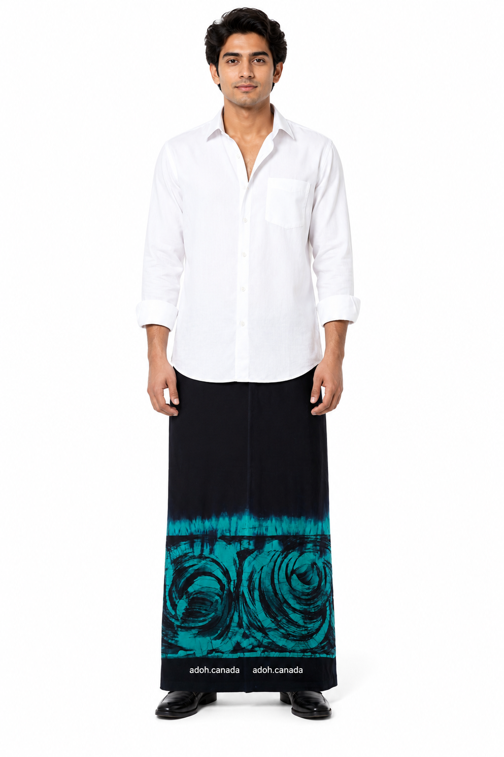 CSA1723 - Black sarong with sea greenish border design| Ceylon Batik | Hand Made | Men's Collection | Cotton Sarong| Summer Wear | Party Wear