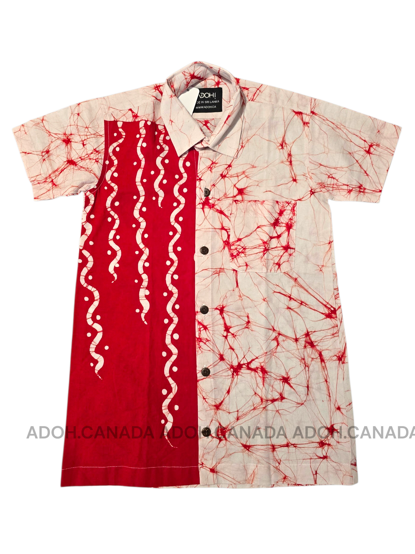 KSH1586 - White with Red cracks and white designed Batik Shirt | Ceylon Batik | Hand Made | Kids Collection | Kid's Shirt |Cotton Shirt | Summer Wear