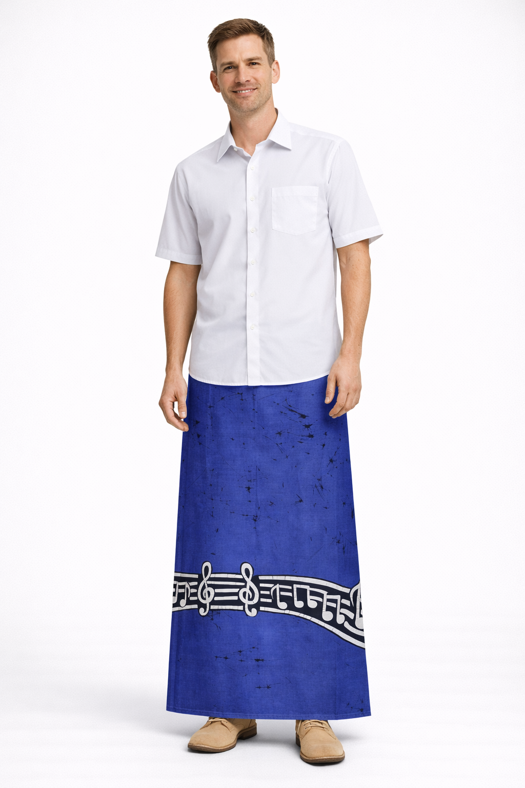 CSA1478 - Blue sarong with musical notes design| Ceylon Batik | Hand Made | Men's Collection | Cotton Sarong| Summer Wear | Party Wear