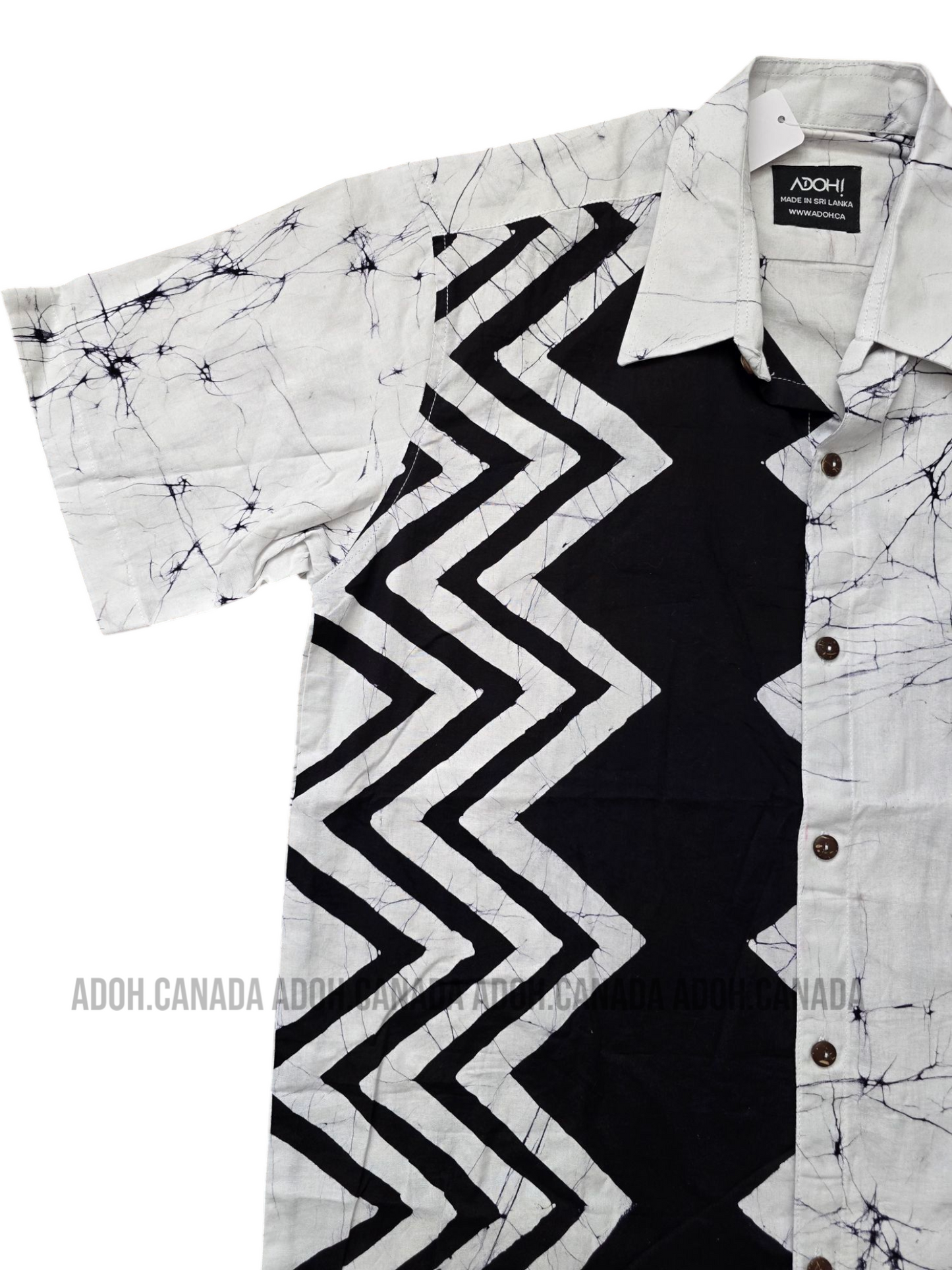 SH1269 - White Batik shirt with Black and white zig zag designed | Ceylon Batik | Hand Made | Men's Collection | Cotton Shirt | Summer Wear