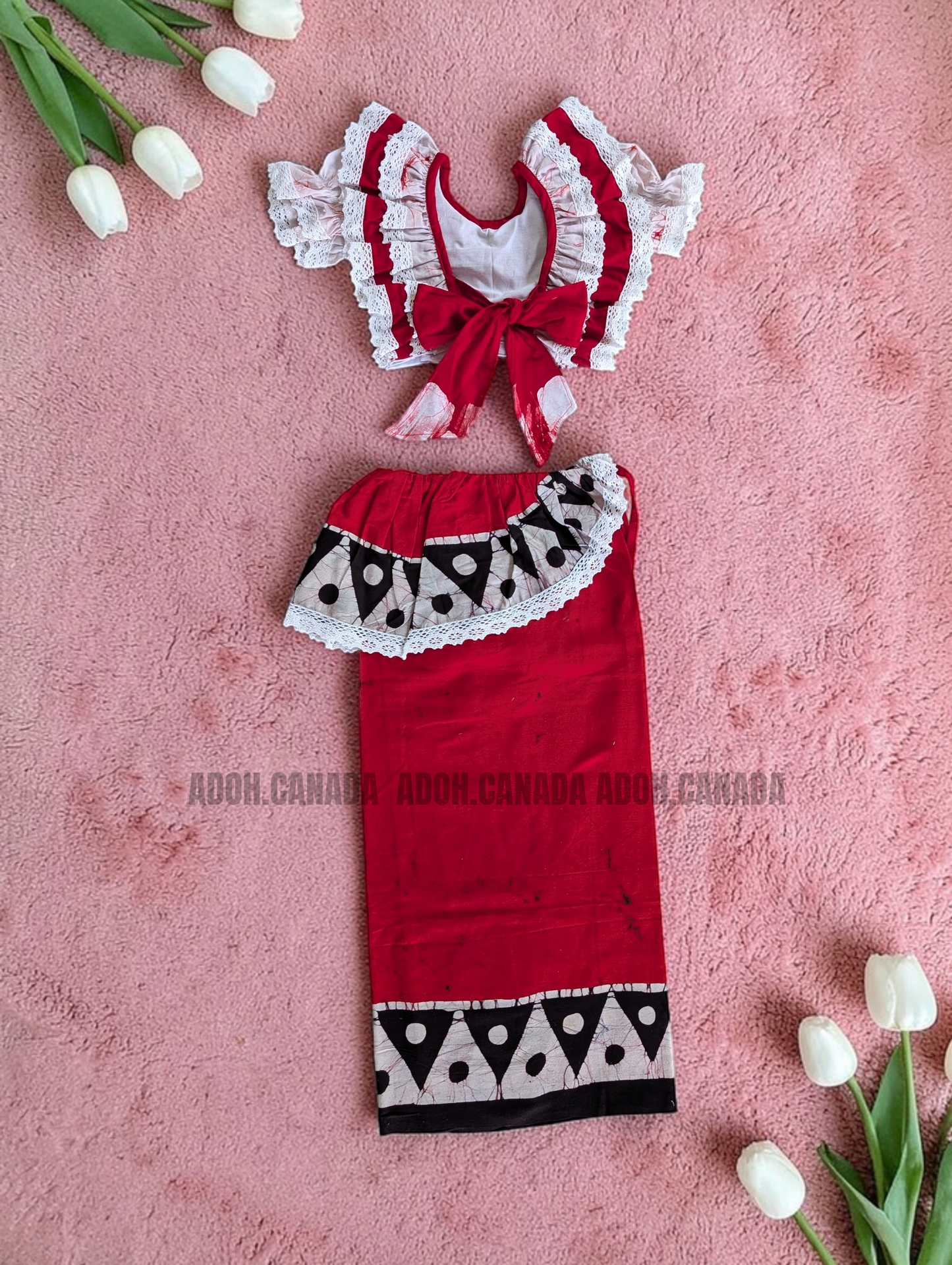 KG1622 - Red and white Lama Saree with black traingle design ( Kids Redda Hatte)| Ceylon Batik | Hand Made | Kids Collection | Summer Collection | Cotton Lama Saree | Kids Redda Hatte | Casual wear