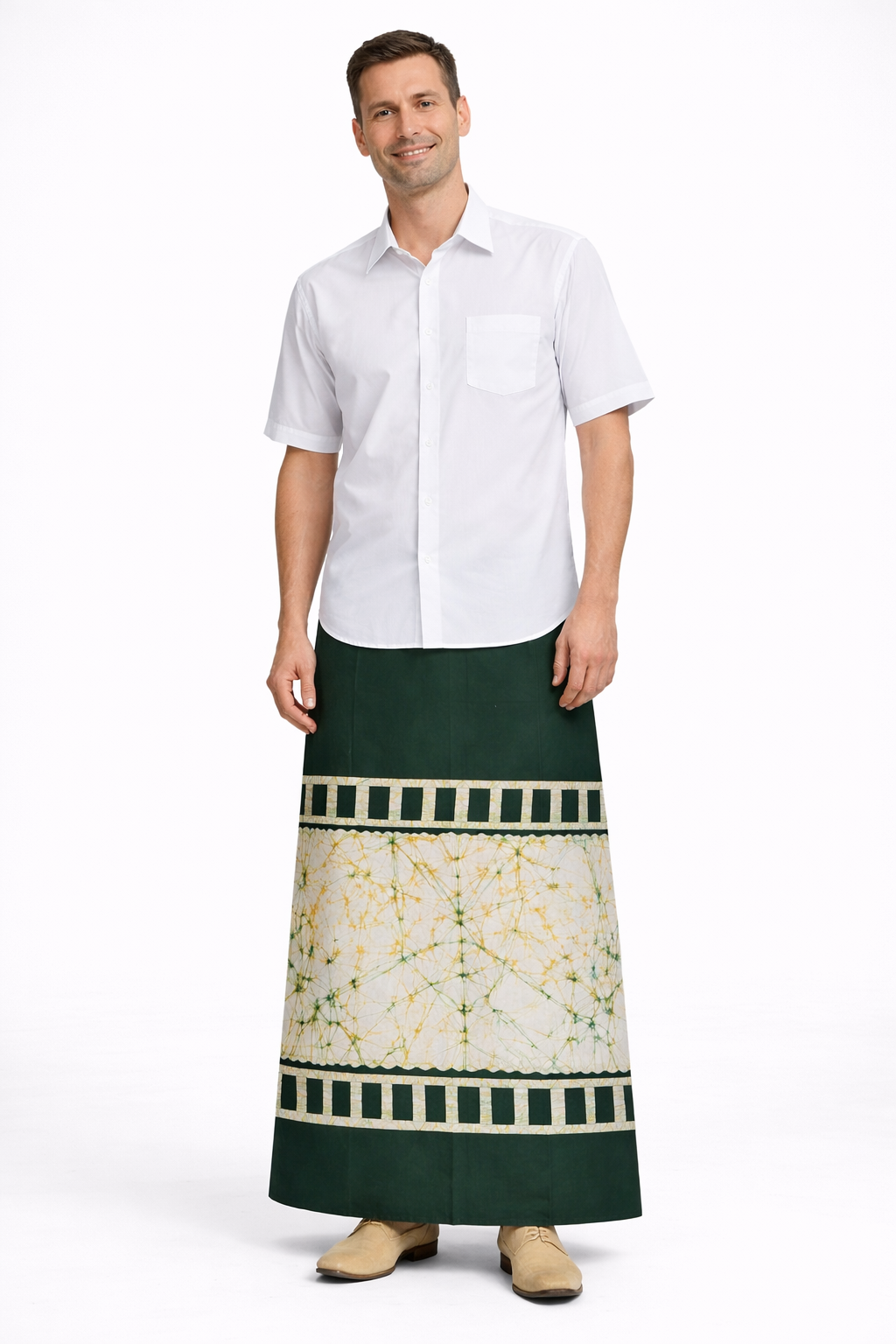 CSA1490 - Dark green sarong with white design| Ceylon Batik | Hand Made | Men's Collection | Cotton Sarong| Summer Wear | Party Wear