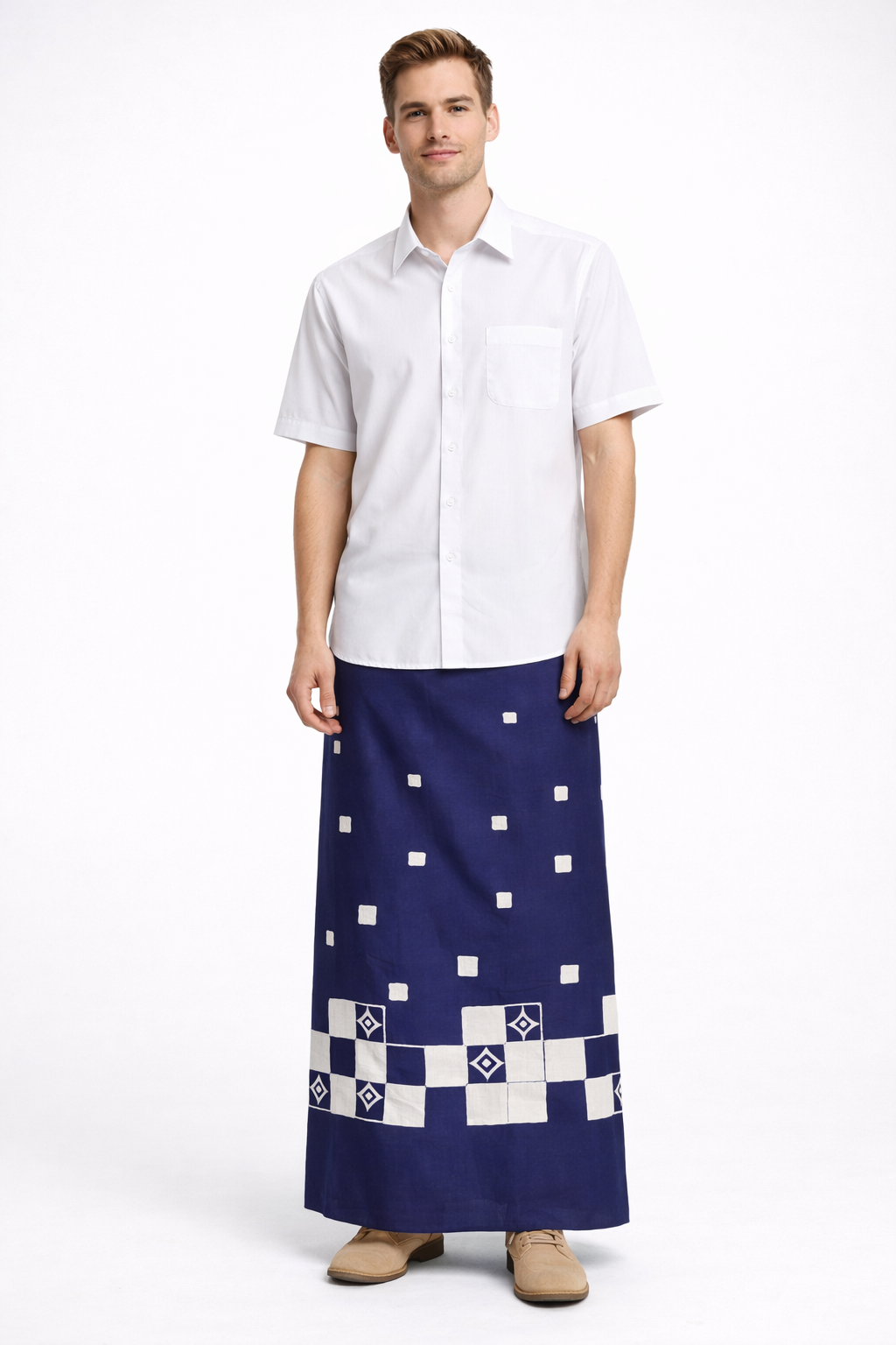 CSA1491 - Dark blue Sarong with white square design| Ceylon Batik | Hand Made | Men's Collection | Cotton Sarong| Summer Wear | Party Wear