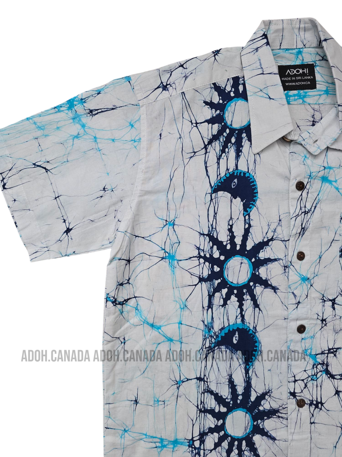 SH901 - White Sun Moon Batik shirt with light blue and dark blue Cracks design | Ceylon Batik | Hand Made | Men's Collection | Cotton Shirt | Summer Wear