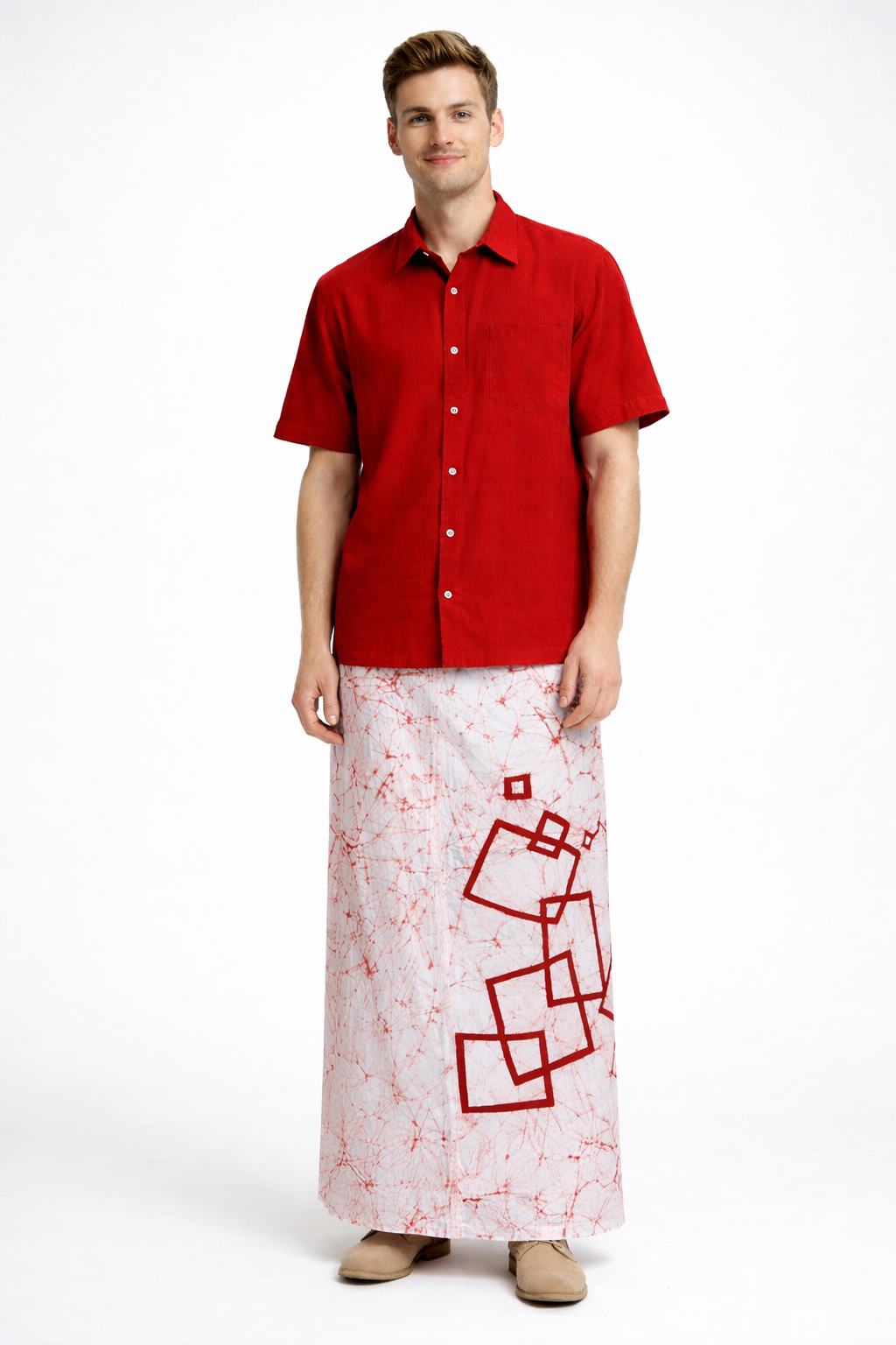 CSA1574 - White sarong with red squares design| Ceylon Batik | Hand Made | Men's Collection | Cotton Sarong| Summer Wear | Party Wear