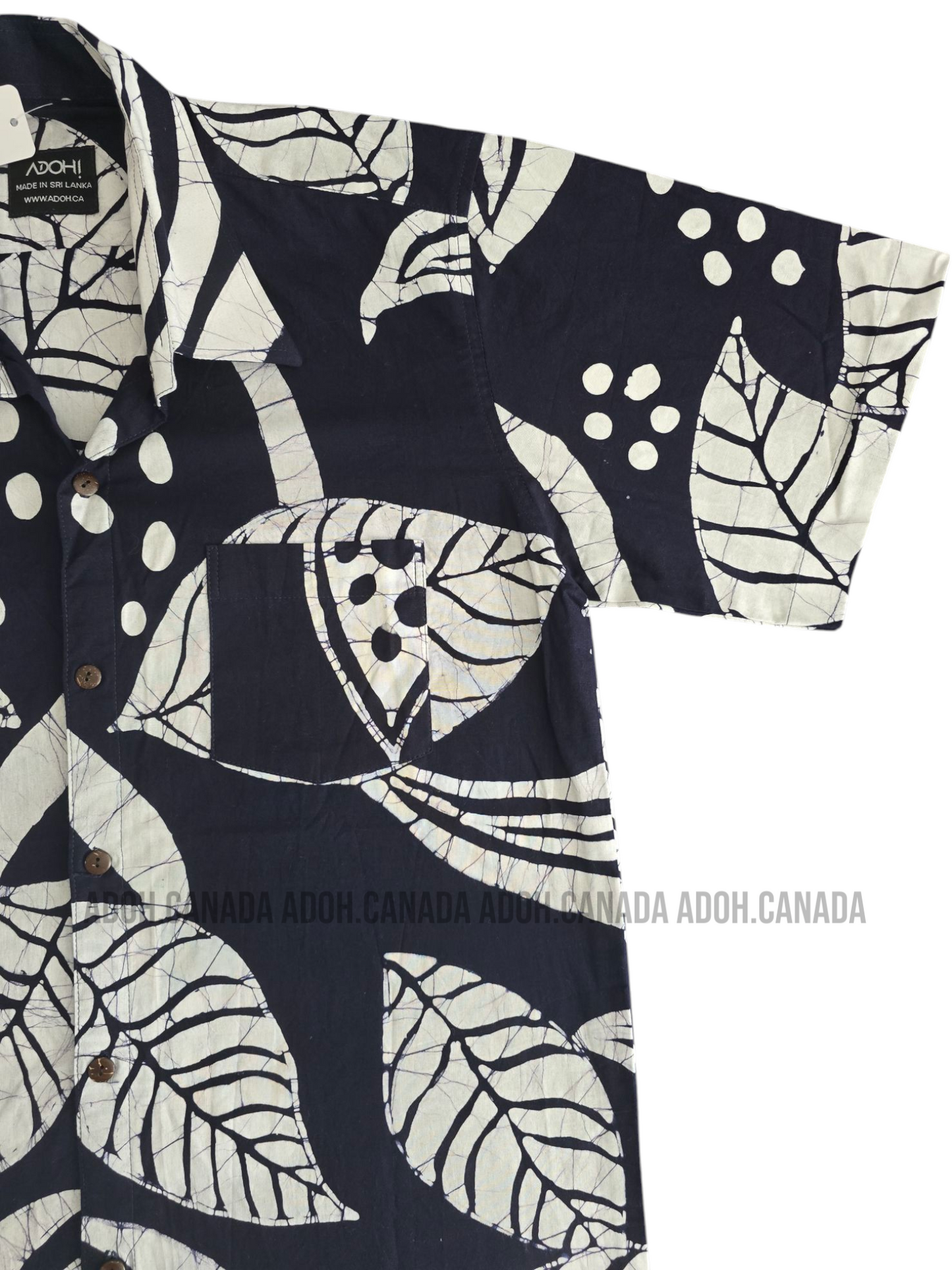 SH1267 - Dark Blue Batik shirt with white leafy design | Ceylon Batik | Hand Made | Men's Collection | Cotton Shirt | Summer Wear