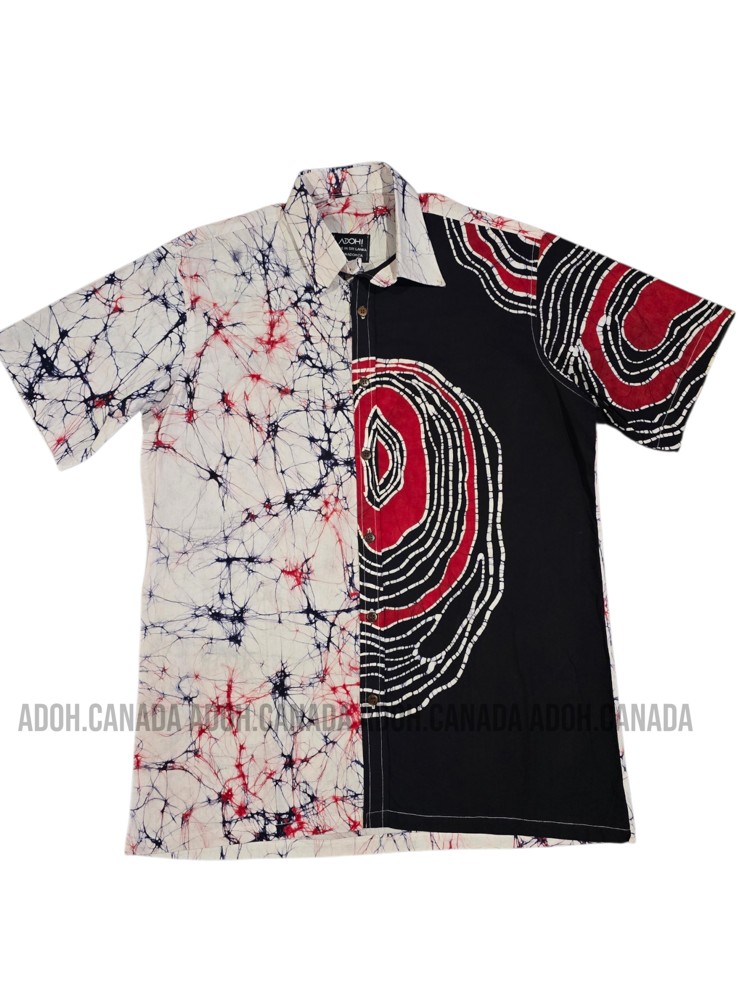 SH1676 -White with Black and red designed Batik Shirt | Ceylon Batik | Hand Made | Men's Collection | Cotton Shirt | Summer Wear