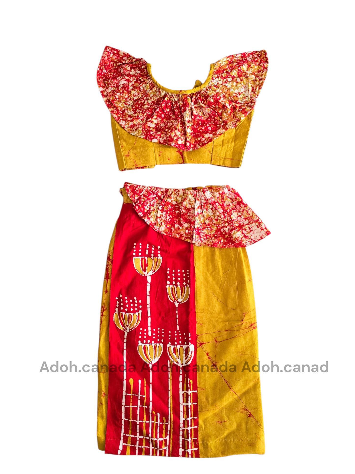 KG1447 - Mustard yellow and red Lama Saree with lotus design ( Kids Redda Hatte)| Ceylon Batik | Hand Made | Kids Collection | Summer Collection | Cotton Lama Saree | Kids Redda Hatte | Casual wear