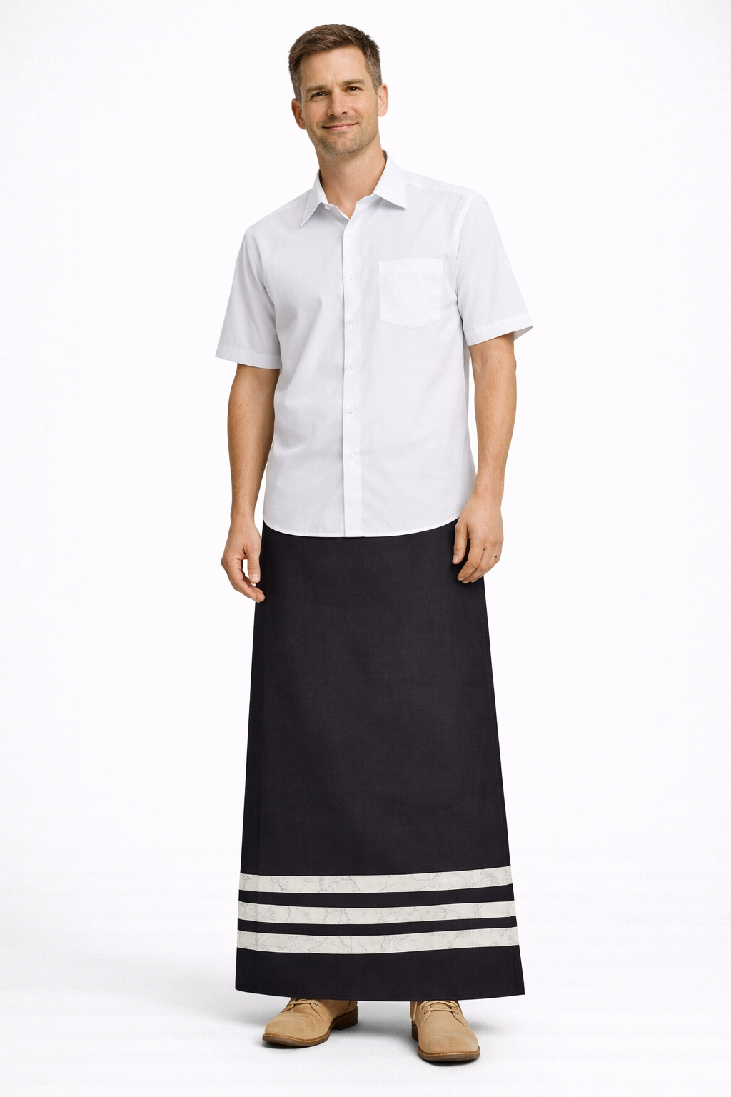 CSA1474 - Black sarong with white stripes border| Ceylon Batik | Hand Made | Men's Collection | Cotton Sarong| Summer Wear | Party Wear