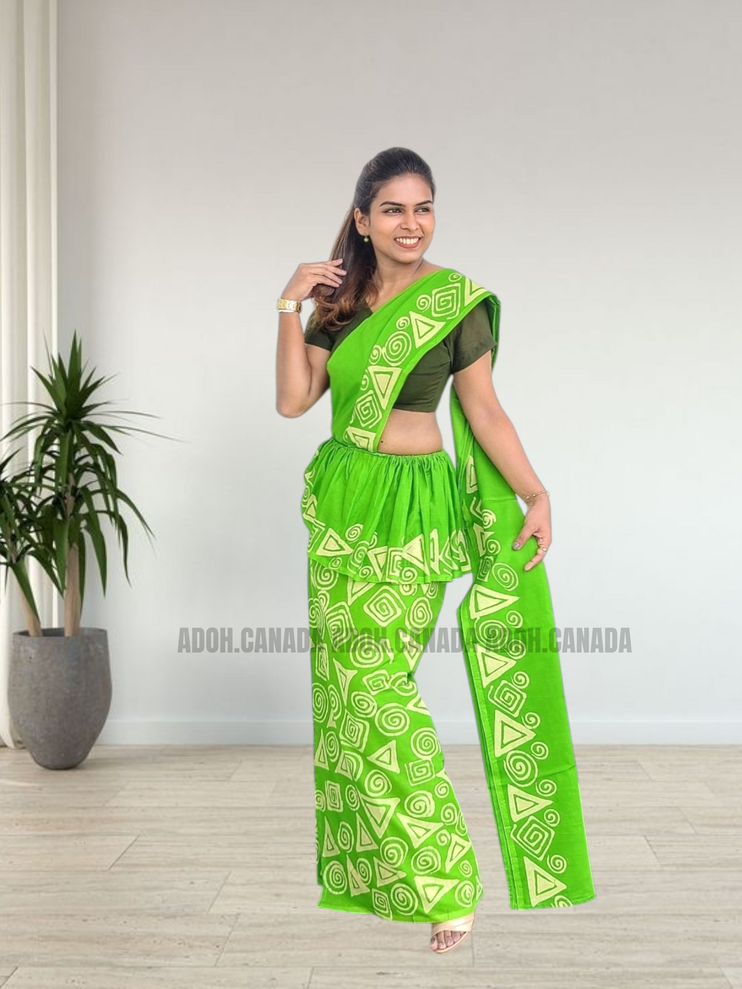 MU1568|Apple green with off-white shapes designed Kandyan Made-up|Ceylon Batik| Cotton Kandyan Made-up Saree| Exclusive Designer Wear | Kandyan Made-up