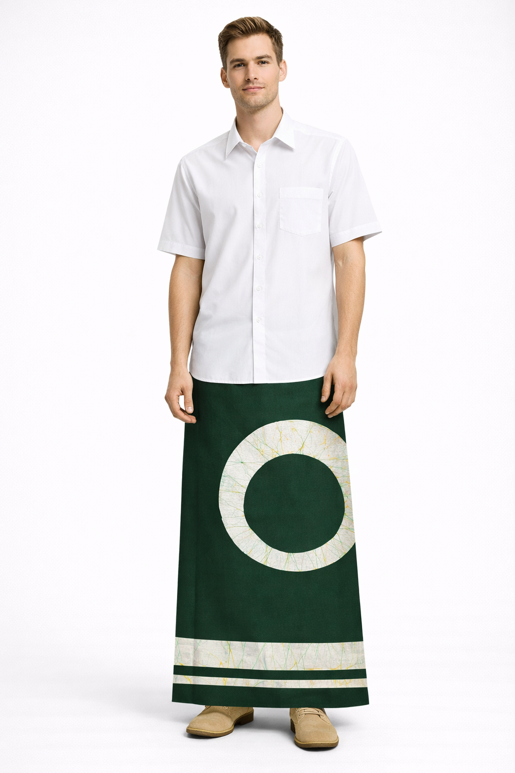 CSA1487 - Dark green sarong with white circle design| Ceylon Batik | Hand Made | Men's Collection | Cotton Sarong| Summer Wear | Party Wear