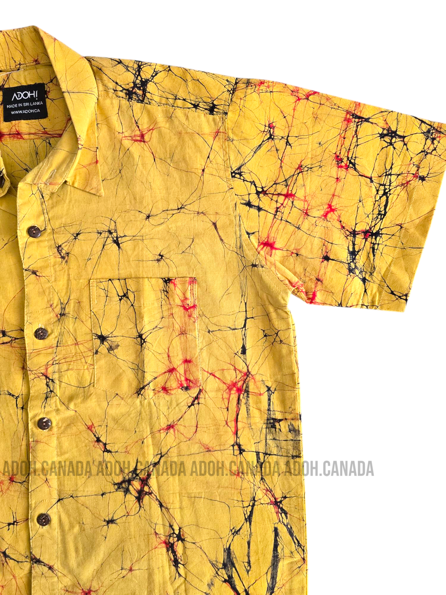 SH904 - Yellow Batik shirt with black and red cracks | Ceylon Batik | Hand Made | Men's Collection | Cotton Shirt | Summer Wear