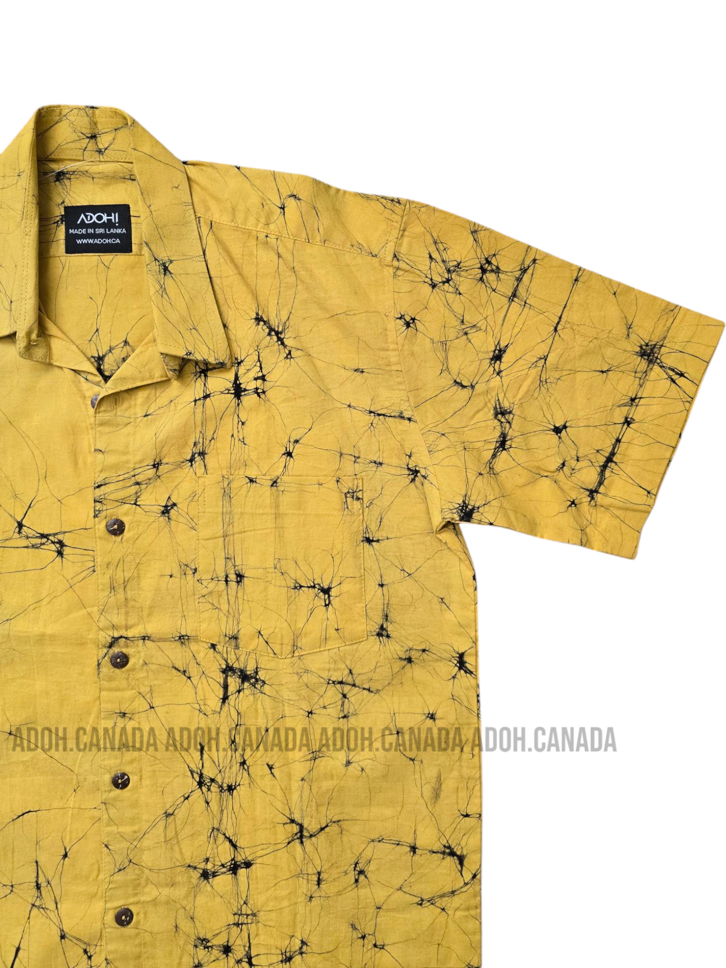 SH906 - Yellow Batik shirt with Black Cracks design | Ceylon Batik | Hand Made | Men's Collection | Cotton Shirt | Summer Wear