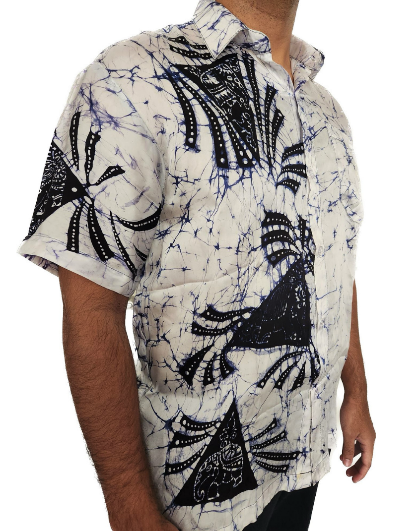SSH0003 - Dark Blue-designed White Batik Silk Shirt | Ceylon Batik | Hand Made | Men's Collection | Silk Shirt | Summer Wear | Party Wear