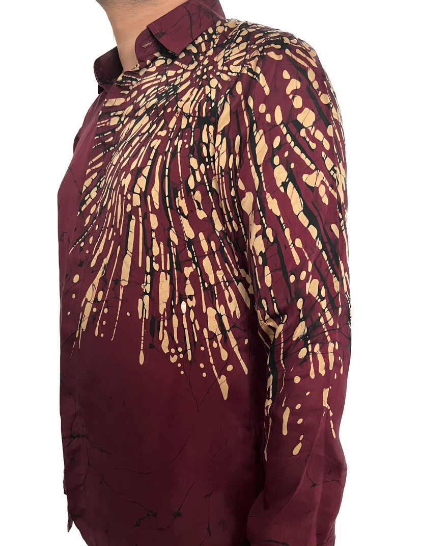 SSH0004 - Maroon Batik Silk Shirt | Ceylon Batik | Hand Made | Men's Collection | Silk Shirt | Summer Wear | Party Wear