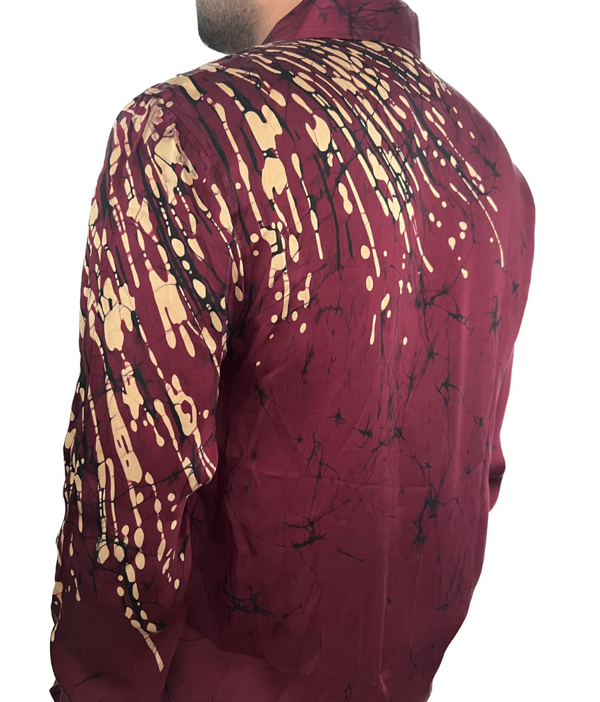SSH0004 - Maroon Batik Silk Shirt | Ceylon Batik | Hand Made | Men's Collection | Silk Shirt | Summer Wear | Party Wear