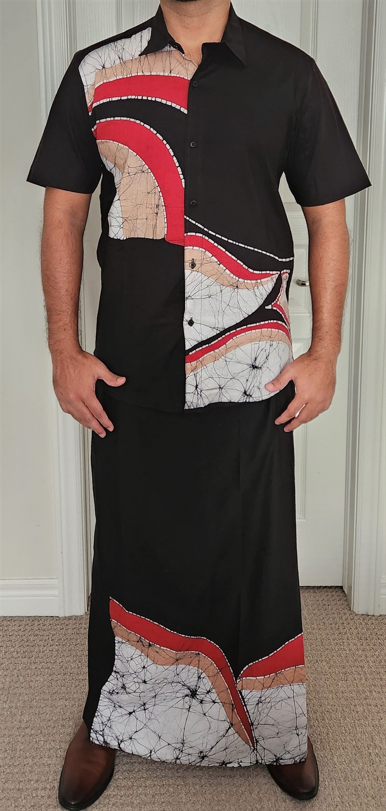 SH0012 - Elegant Black Shirt & Sarong kit | Ceylon Batik | Hand Made | Men's Collection | Cotton Shirt | Summer Wear | Party Wear |