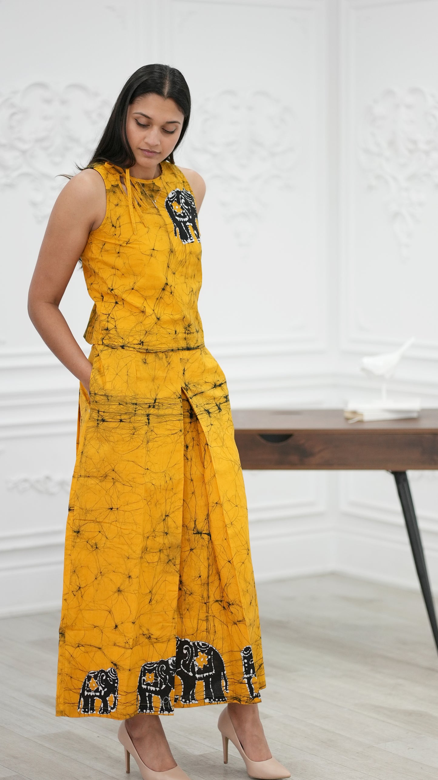 CC0062 - Mustard Yellow Elephant Design Long Skirt & Top | Ceylon Batik | Hand Made | Summer Collection | Cotton Dress | Summer Wear