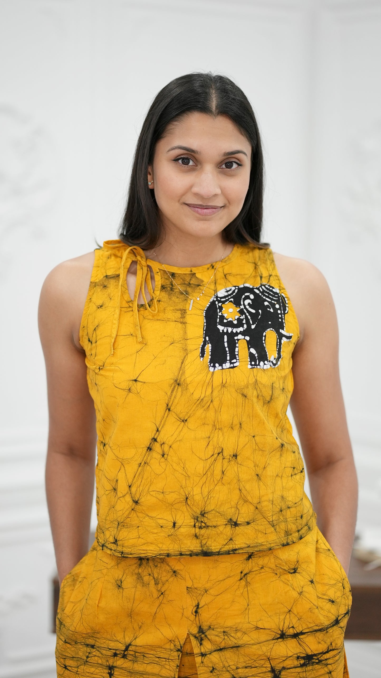 CC0062 - Mustard Yellow Elephant Design Long Skirt & Top | Ceylon Batik | Hand Made | Summer Collection | Cotton Dress | Summer Wear