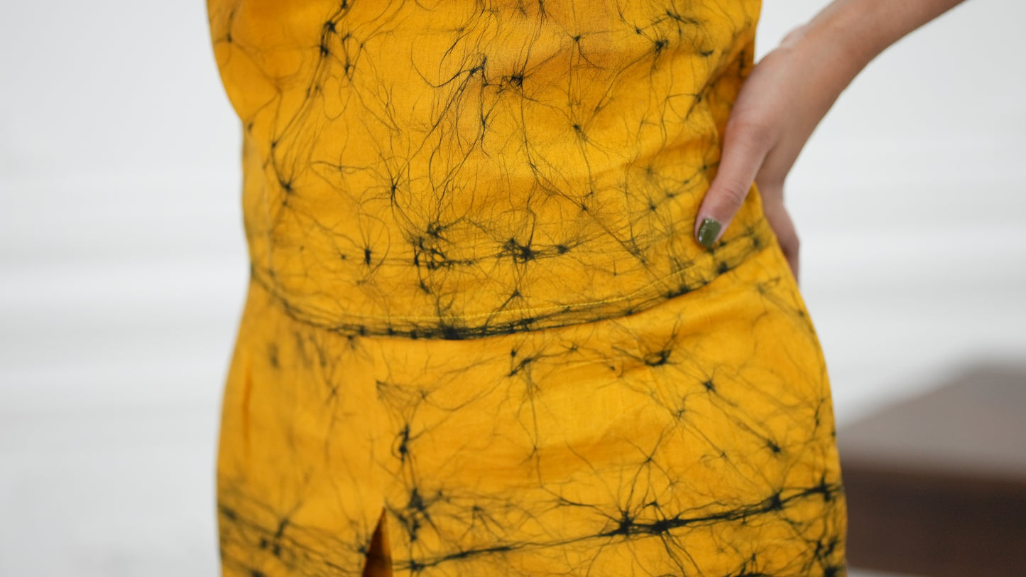 CC0062 - Mustard Yellow Elephant Design Long Skirt & Top | Ceylon Batik | Hand Made | Summer Collection | Cotton Dress | Summer Wear