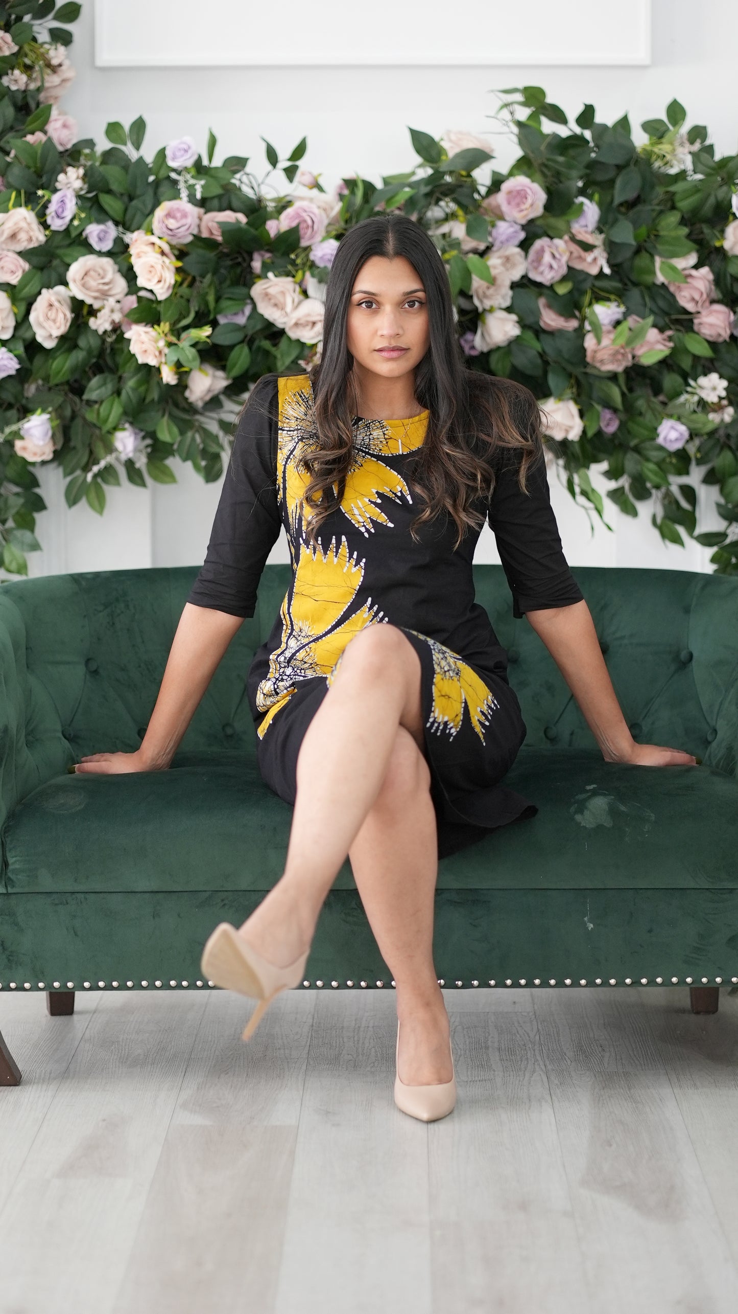 CC0042- Black & Yellow Flower Short Batik Dress | Ceylon Batik | Hand Made | Summer Collection | Cotton Dress | Summer Wear