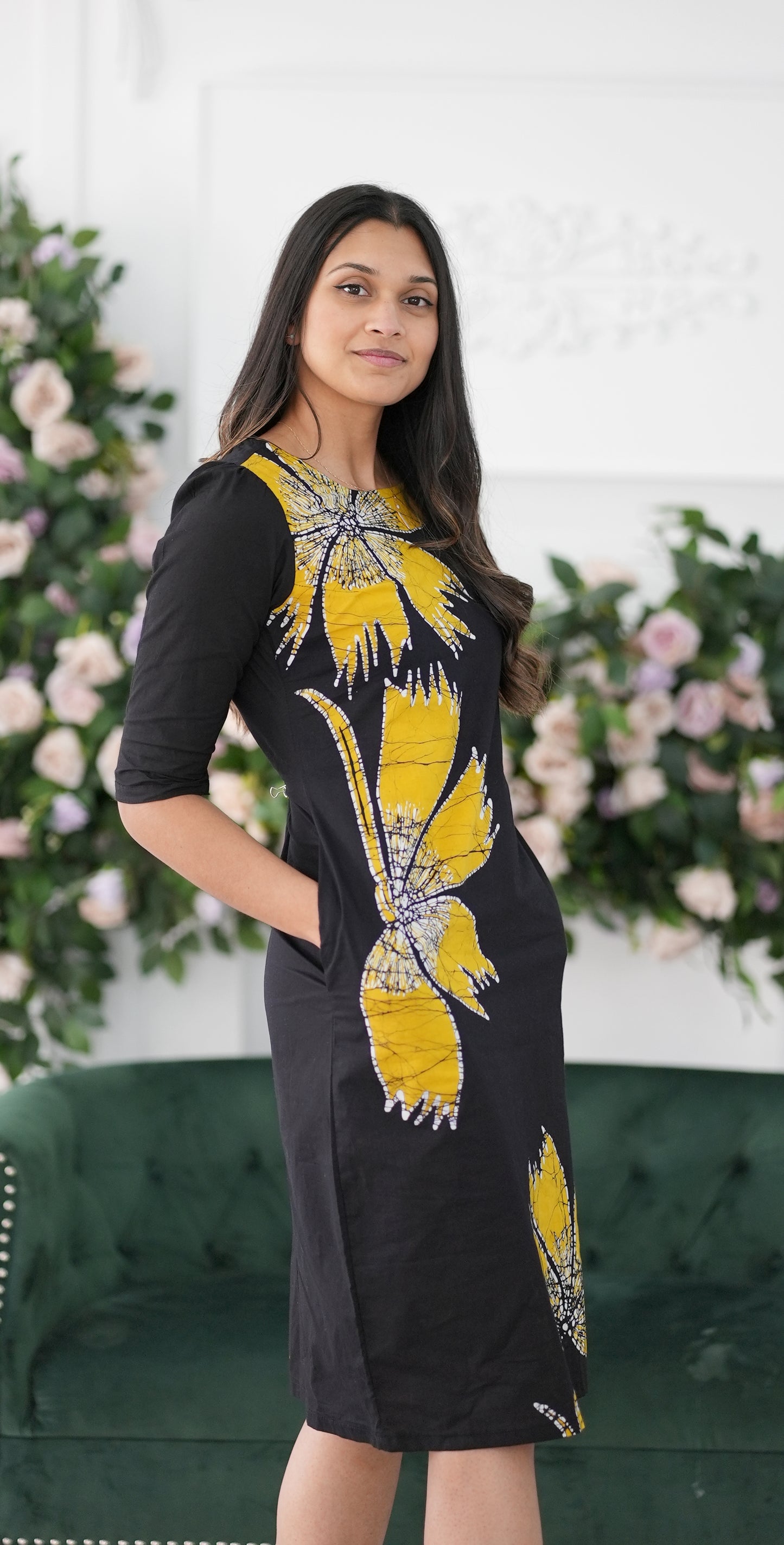 CC0042- Black & Yellow Flower Short Batik Dress | Ceylon Batik | Hand Made | Summer Collection | Cotton Dress | Summer Wear