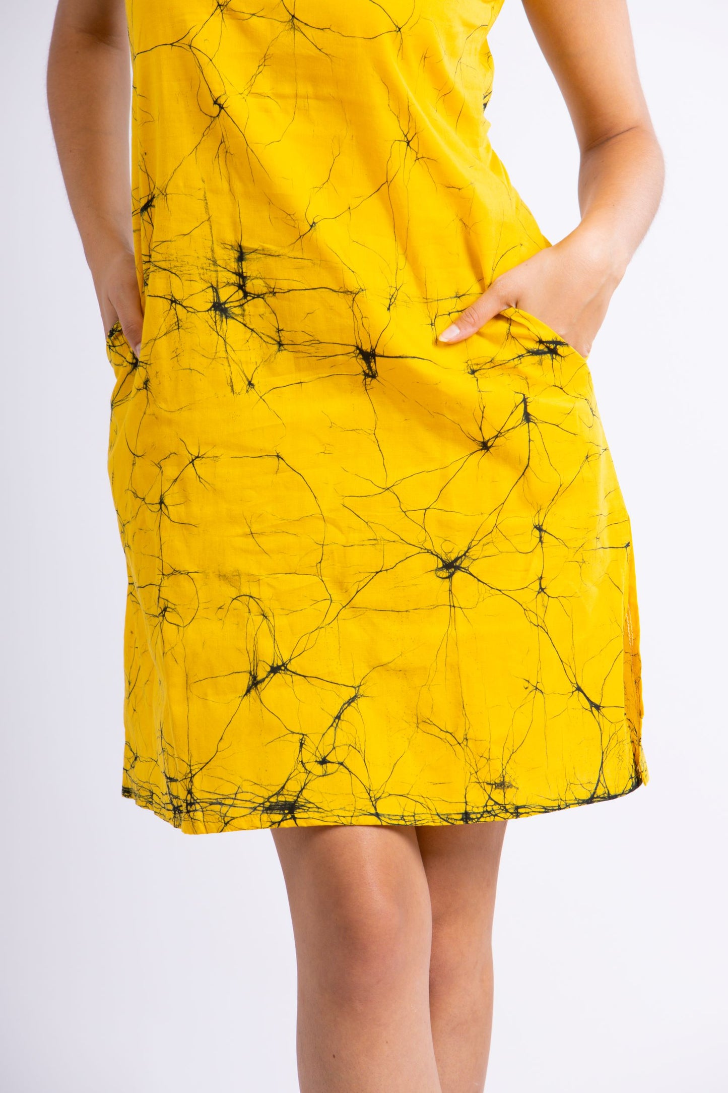 CC0061- Yellow Cracks Short Batik Dress | Ceylon Batik | Hand Made | Summer Collection | Cotton Dress | Summer Wear