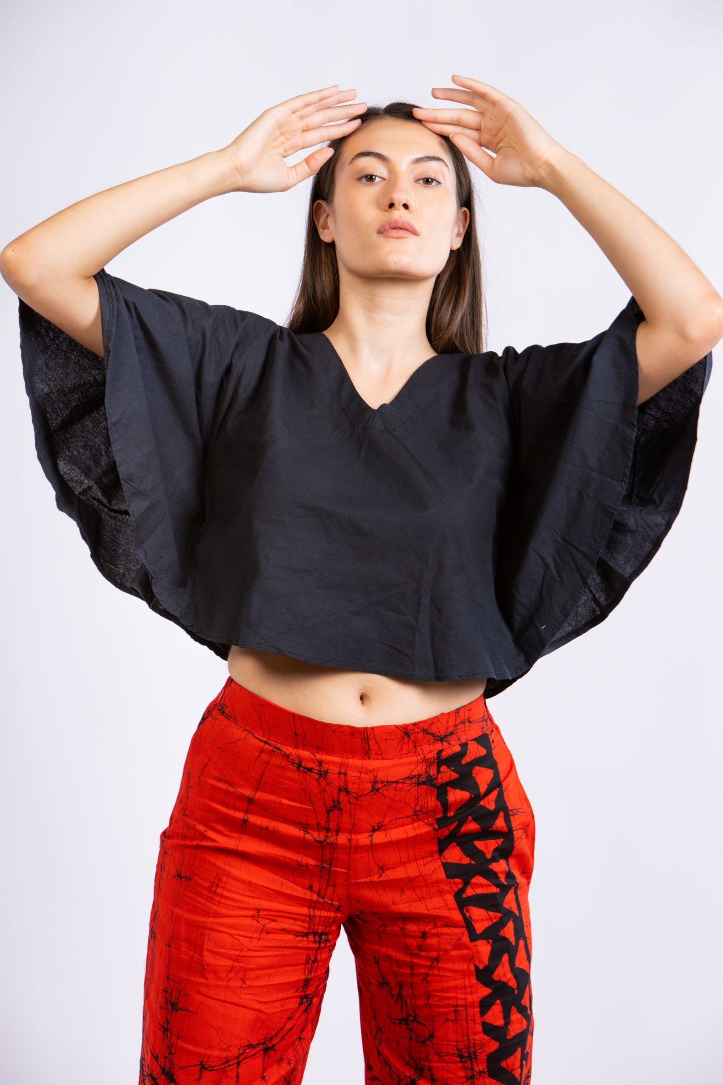 CC0071 - Red Batik Pant & Black Crop Top | Ceylon Batik | Hand Made | Summer Collection | Cotton Dress | Summer Wear