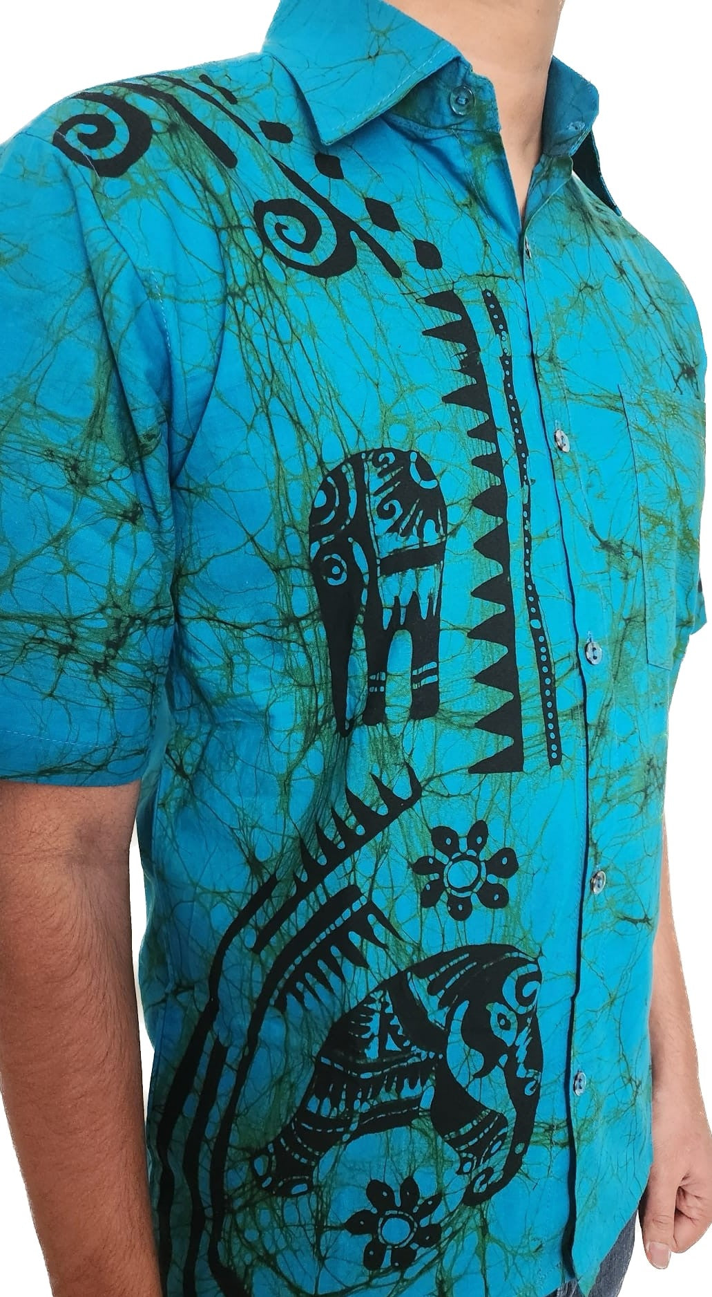SH0009 - Blue & Black Elephant Batik Shirt | Ceylon Batik | Hand Made | Men's Collection | Cotton Shirt | Summer Wear