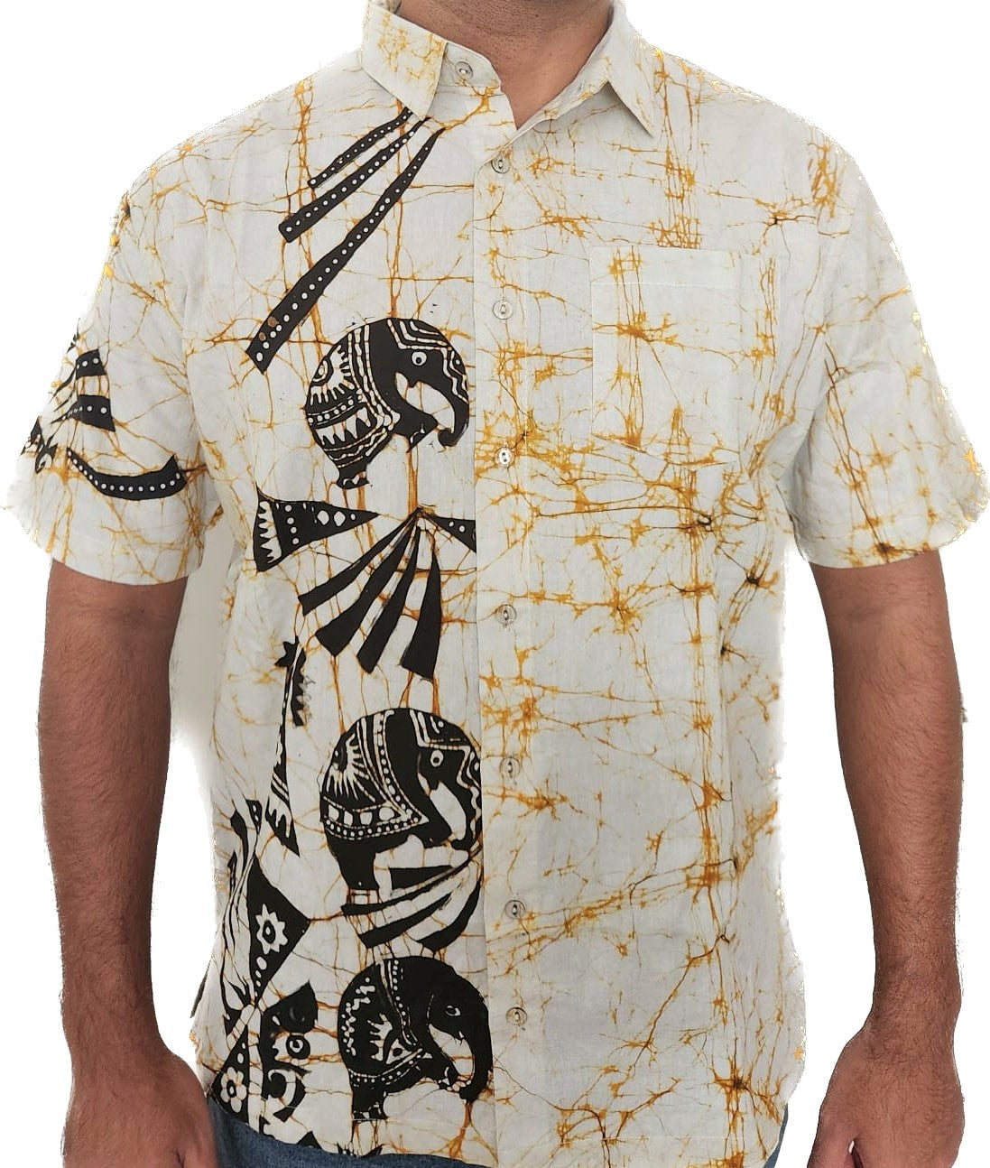 SH0011 - White Batik Shirt in Black Elephant design | Ceylon Batik | Hand Made | Men's Collection | Cotton Shirt | Summer Wear