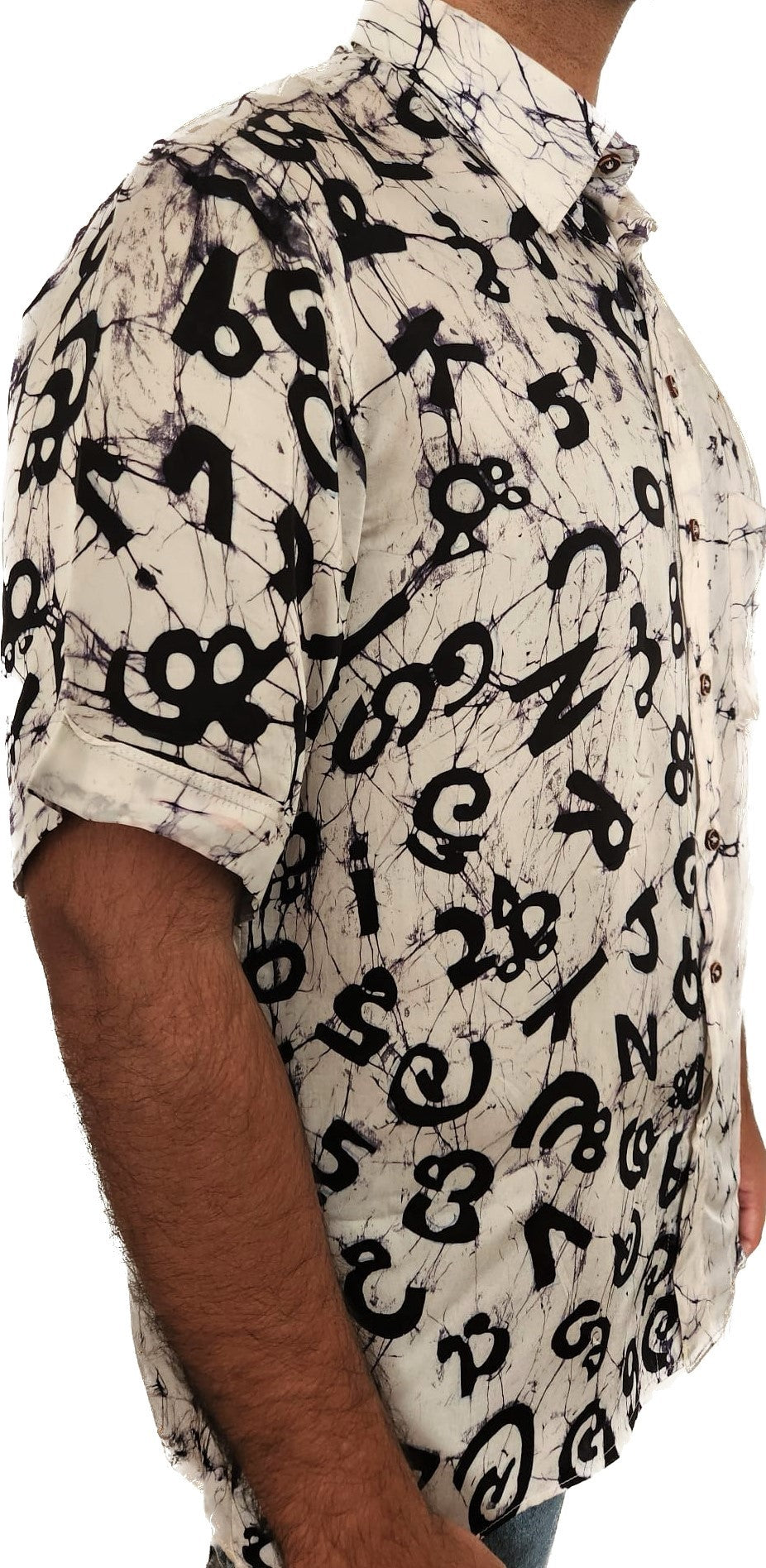 SSH0001 - Black & White Letters Batik Silk Shirt | Ceylon Batik | Hand Made | Men's Collection | Silk Shirt | Summer Wear | Party Wear